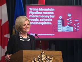 Premier Rachel Notley announced a $1.2 million national advertising campaign including billboards to get the Alberta message on Trans Mountain pipelines out to Canadians on May 10, 2018. Photo by Shaughn Butts / Postmedia