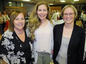 Speaking on behalf of worthy local causes at this week’s quarterly meeting of the 100 Women Who Care (Norfolk) were, from left, Barbie Ernst of Waterford, Lauren Harrington of Simcoe and Maria Kinkel of Simcoe. MONTE SONNENBERG / SIMCOE REFORMER