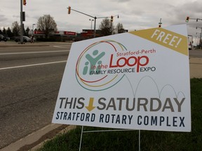 An In the Loop Stratford-Perth Family Resource Expo sign is seen here on Thursday, May 10, 2018 in Stratford, Ont. (Terry Bridge/Stratford Beacon Herald)