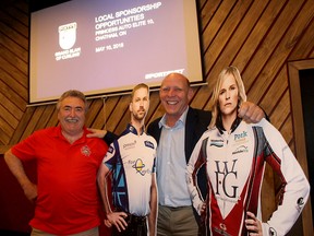 Fred Rose, left, the driving force behind bringing the Pinty's Grand Slam of Curling event to Chatham, Ont. in September 2018, is pictured with Canadian curling legend Kevin Martin, and cut outs of Canadian curling stars Brad Gushue and Jennifer Jones, who will be participating, during an event launch held Thursday May 10, 2018 at the Sons of Kent Brewery. (Ellwood Shreve/Chatham Daily News)