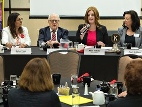 Brantford-Brant riding candidates field questions during the Kiwanis Club of Brantford luncheon on Thursday. Taking part are Liberal candidate Ruby Toor (left), Kiwanis Club president-elect Nelson McClinchey, NDP candidate Alex Felsky, Judy Lillico, Kiwanis Club president, and PC candidate Willem Bouma. (Brian Thompson/The Expositor)