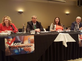 Local health-care advocates hosted an all-candidates night at Aristo's Banquet Hall in Chatham on Thursday. From left are Chatham-Kent-Leamington provincial candidates Margaret Schleier Stahl, of the Liberal party, Mark Vercouteren, of the Green party, Jordan McGrail, of the New Democrats, and Rick Nicholls, of the Progressive Conservatives. (Trevor Terfloth/The Daily News)
