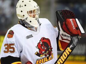 Ottawa Junior Senators netminder Connor Hicks appeared in 28 games for the Belleville Bulls during the 2014-15 OHL season. He later played for Hamilton and the Soo. The Wellington Dukes face Hicks and the Junior Sens in the opening game of the 2018 RBC Cup national Jr. A hockey championship Saturday in Chilliwack, BC. (Aaron Bell/OHL Images)