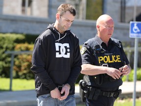Andrew Slapkauskas attended his latest Napanee court appearance for the first time in person on May 11. A previous appearance was made by video in March. The 42-year-old is awaiting a bail hearing. Meghan Balogh/The Whig-Standard
