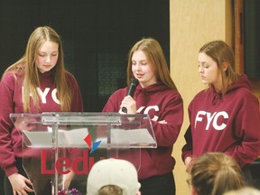 An unveiling event for Carlee's Couch was held at the LRC on Friday, May 4. Friends and family gathered to honour Carlee’s memory, who lost her battle with cancer in 2016. (L-r) Alena Thompson, Reegan Broadbent and Haley Boyd were friends of Carlee, and helped make the new memorial area a reality. (Alex Boates/Regional Editor)