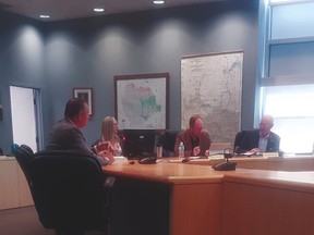 Greengate Power’s Dan Tocher, left, talked to Vulcan County council May 2 about the Calgary’s based company’s proposed 400-megawatt solar project south of Lomond. Stephen Tipper Vulcan Advocate