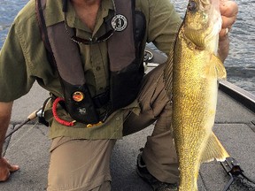 Columnist Frank Clark celebrates a successful spring evening chasing walleye on a local lake in Sudbury. Photo supplied