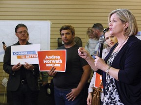 Ontario NDP leader Andrea Horwath addresses supporters during a campaign stop in Sudbury on Friday. (John Lappa/Sudbury Star)