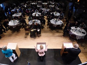 Ontario NDP Leader Andrea Horwath, left to right, Ontario Liberal Leader Kathleen Wynne and Ontario Progressive Conservative Leader Doug Ford take part in the second of three leaders' debate in Parry Sound, Ont., on Friday, May 11, 2018. THE CANADIAN PRESS/Nathan Denette ORG XMIT: NSD507