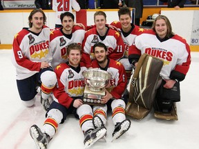 The Wellington Dukes' 20-year-old players celebrate after winning the Dudley-Hewitt Cup to become Central Canadian junior 'A' hockey champions in Dryden, Ont., on Saturday, May 5, 2018. They are, front row, left: Geoff Lawson and Andrew Barbeau. Back row: Bryce Yetman, Frank Pucci, Teddy McGeen, Josh Supryka and Tyler Richardson. Yetman, McGeen, Supryka and Barbeau are former Chatham Maroons. (TIM BATES/OJHL Images)