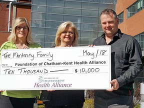 Handout/Chatham Daily News
Mary Lou Crowley, executive director of the Foundation of Chatham-Kent Health Alliance receives a $10,000 donation from Tricia and Mike Montminy for CKHA Diagnostic Imaging Equipment Renewal Campaign.