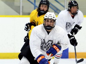 Vincent DeSanctis plays for Team White during the Chatham Maroons' spring camp at Thames Campus Arena in Chatham, Ont., on Sunday, May 6, 2018. (MARK MALONE/Chatham Daily News/Postmedia Network)