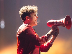 The Arkells' Max Kerman uses a megaphone during a performance at the Juno Awards in Vancouve on March 25. (THE CANADIAN PRESS)