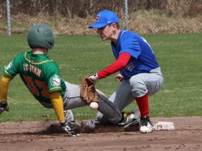 Scollard Hall Bears baserunner Jake St. Jean gets back to second base safely as Widdifield Wildcats shortstop Frode Wellm, an exchange student from Germany, attempts to make the pick-off tag during the opening day of the 2018 NDA baseball season at the Veterans Park diamond. Dave Dale / The Nugget