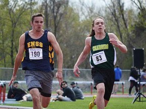 Josh Gibson (ENSS) and Sebastian Traynor (Centennial) compete in the midget boys 100m event at the 2018 Michelle Foley Bay of Quinte Invitational late last week at MAS Park and the Bruce Faulds Track. (Submitted photo)