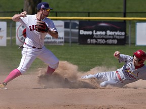 Brantford Red Sox second baseman Matt McGovern turns a double play in front of Hamilton runner Dave Vanderby during the team's Intercounty Baseball League home opener on Sunday at Arnold Anderson Stadium.
Brian Thompson/The Expositor