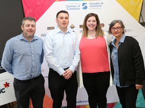 Justin Joyce, left, of Wolfpack Protective Services, Matt Zawierzeniec, of Skater's Edge Source for Sports, Meg Kant, of Northern Mama Maternal Services, and Louise Bergeron, of Soup sisters, attended a VIP reception for the 2018 Bell Business Excellence Awards finalists at the Timberwolf Golf Club on Wednesday. The event, which was hosted by the Greater Sudbury Chamber of Commerce, was held so finalist and sponsors could meet before the awards ceremony on May 15 at the Caruso Club. (John Lappa/Sudbury Star)