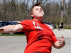 Valley Heights' PK Klassen won the senior boys discus event at the annual VHSS Track and Field Day on May 8, qualifying for the NSSAA meet on May 16. (Chris Abbott/Tillsonburg News)