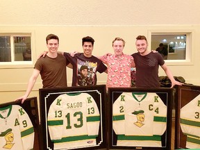 The four graduating members of the Sherwood Park Junior B Knights, the likes of which included Ben Schotte, Haysun Sagoo, Dryden Hebert and Josh Mudryk. Photo Supplied