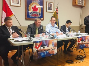 Candidates from four political parties faced off at an all-candidates event that focused on health care issues at the Wallaceburg Legion on Saturday, May 12. They included, from left to right, Todd Case (NDP), Brian Everaert (Trillium), Monte McNaughton (Progressive Conservative) and Anthony Li (Green). Moderator Jeff Wesley.
