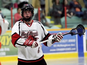 Wallaceburg Red Devils' Kyle Dawson plays against the Point Edward Pacers in the Ontario Jr. 'B' Lacrosse League at Wallaceburg Memorial Arena on Thursday, April 26, 2018. (MARK MALONE/Chatham Daily News/Postmedia Network)