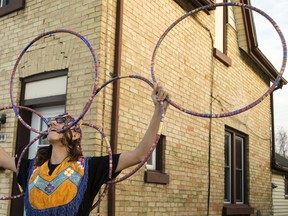 London hoop dancer River Christie-White uses his discipline to raise awareness of the needs for programs and services on reserves for children and families with special needs. He will be among performers at the Peace Day Ontario event May 31 at the Paris fairgrounds. (Mike Hensen/Postmedia file photo)