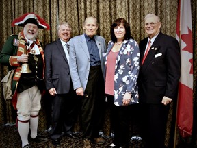 At a local Retired Teachers of Ontario anniversary gala are Brantford town crier David McKee, Davis Kendall, provincial 50th anniversary chair, keynote speaker Davis Fox, Martha Foster, provincial RT/ERO president, and Keith Gloster, president RTO/ERO District 40. (Submitted Photo)