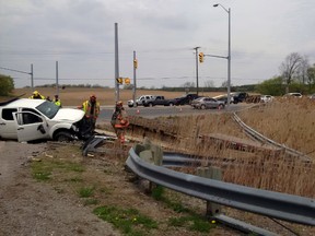 The driver of a pickup truck was injured in a two-vehicle collision outside Caledonia on Monday morning. Police say the pickup was struck by a tractor trailer. Haldimand OPP photo