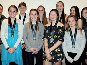 The Chatham Ballhawks Volleyball Club presented an OVA Award of Excellence to one player from each team that went to the Ontario Volleyball Association championships during the Ballhawks' year-end banquet in Chatham, Ont., on Friday, May 11, 2018. The winners are, front row, left: Hailey Charron (13U White), Meghan Kormendy (13U Blue), Lauryn Lahey (14U Blue) and Jayden Jefferson (14U White). Back row: Jackson Moon (16U), Kaden Reid (14U), Kirby MacKinnon (16U), Laurin Ainsworth (16U), Drew Davis (15U Blue) and Kerrigan Jacques (15U White). (Contributed Photo)