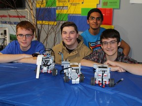Timmins High students, from left, Orion Ruddell, Ian Charbonneau, Daud Liaquat and Grant Wagner formed one of the two top teams in the senior division of the Regional Robotics Challenge hosted by Science Timmins Friday. There were four different divisions with teams of students in Grades 4 to 12 taking part. There were students from Hearst south to New Liskeard competing in the challenge which saw the teams construct programmable miniature robots.
