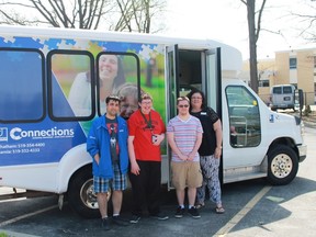 Goodwill Industries unveiled its new Goodwill Connections van on May 9. From left are Michael Pintus, Nick Brever, Brennan Hathaway and Goodwill Senior Employment Specialist Melissa Vandermeer. 
CARL HNATYSHYN/SARNIA THIS WEEK