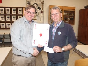 (L to R) Trent Fedorychka of the Melfort and Area Chase the Ace and Peter Evaschesen who drew the Ace of Diamonds on Thursday, May 10 at the Melfort Legion.