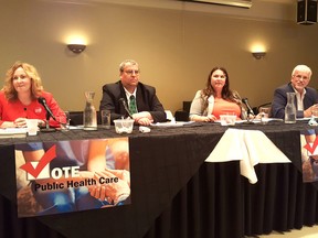 Local health-care advocates hosted an all-candidates night at Aristo's Banquet Hall in Chatham on May 10. From left are Chatham-Kent-Leamington provincial candidates Margaret Schleier Stahl, of the Liberal party, Mark Vercouteren, of the Green party, Jordan McGrail, of the New Democrats, and Rick Nicholls, of the Progressive Conservatives. (Trevor Terfloth/Postmedia Network)