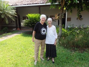 PHOTO COURTESY OF MAUREEN MCMANUS. Sister Peggy O'Neill, left, with High River Rotarian Maureen McManus in the grounds of the Art Centre for Peace in Suchitoto, El Salvador, Central America.