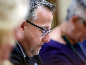 LUKE HENDRY/THE INTELLIGENCER
Coun. Egerton Boyce, centre, Coun. Jackie Denyes, right, and Coun. Kelly McCaw listen to proceedings during a city council meeting Monday in Belleville.