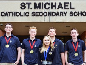 Five St. Michael Catholic Secondary School students came home from last week’s Skills Ontario Competition in Toronto with gold and silver medals. Pictured from left are Clay Terpstra, Trevor DeGroot, Leah Pellizzari, Nicholas Hergott, and Simon White. (Galen Simmons/The Beacon Herald)