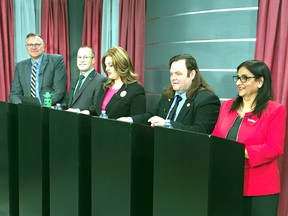 Will Bouma (left), Ken Burns, Alex Felsky, Rob Ferguson and Ruby Toor take part in a televised debate for Brantford-Brant candidates in the June 7 provincial election. (Michael-Allan Marion/The Expositor)
