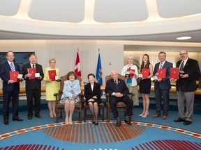 PHOTO SUPPLIED
(L-R): Dr. Troy Davies (Catholic Social Services), Dennis Grant, Melanie Mitchell, Her Honour Lieutenant Governor Lois E. Mitchell, Senator Betty Unger, His Honour Honourary Colonel Douglas Mitchell, Susan Jensen (Cross Cancer Institute Volunteer Association), Dalene Pilat (Society for Support to Pregnant and Parenting Teens), Doug Wile (The Mustard Seed), Patrick Souliere at the awards ceremony.