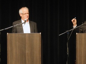 Liberal candidate Stephen Glass and Progressive Conservative incumbent Vic Fedeli in an exchange Tuesday during a debate at Ecole secondaire publique Odyssee.
Gord Young/The Nugget