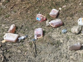 Jugs and windshield washer fluid containers full of urine are scattered throughout a popular rest station for transport drivers on Highway 11 North near Temagami.
Megan Sauve Photo