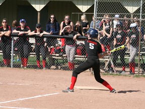 Pictured is SHDHS slo-pitch player Taylor Edwards swinging at a pitch during the Panthers’ game against St. Michael Catholic Secondary School on May 9. (William Proulx/Exeter Lakeshore Times-Advance)