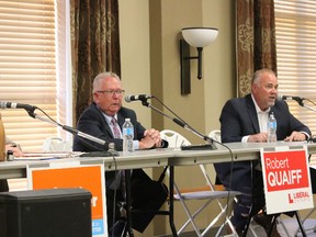 BRUCE BELL/THE INTELLIGENCER
Tuesday night marked the beginning of debate season for the upcoming provincial election. Candidates (from left) Joanne Belanger (NDP), Robert Quaiff (Liberal) and incumbent Todd Smith (Conservative) were on hand for the first all-candidates meeting, hosted by CUPE at the Wellington Community Centre.