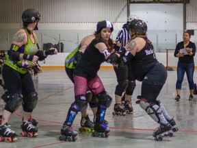 The Rocky View Rollers took on the Whitecourt Hot Rollersat the Spring Fling-Her Triple Header on Sat., April 28 winning with a final score of 309 to 105.