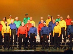 Submitted PHOTO
Members of A Cappella Quinte don their multi-colored shirts for the second half of their program at Maranatha Church this past weekend.