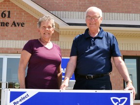 Randy Pettapiece, Perth-Wellington’s MPP in the last legislature, and his wife Jane Pettapiece, stand in front of the provincial Conservative candidate’s campaign office in Stratford Wednesday afternoon. (Galen Simmons/The Beacon Herald)