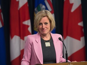 Alberta Premier Rachel Notley spoke to the media at the Alberta Legislature on May 16, 2018 about the Trans Mountain Pipeline. Photo by Shaughn Butts / Postmedia