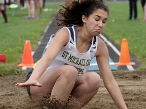 St. Mike's Jenna Deck placed second in midget girls long jump with a personal best leap of 4.30m. (Cory Smith/The Beacon Herald)