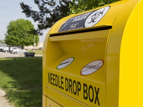 A new needle drop box is located beside the civic centre.  (Brian Thompson/The Expositor)