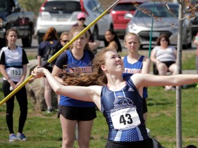 Nadia Skorenky of the Marie-Rivier Dragons throws a personal best of 29.91 metres to capture the junior girls javelin event on Day 1 of the Kingston Area Secondary Schools Athletic Association track and field championships at the CaraCo Home Field complex on Wednesday.(Wyatt Brooks/For The Whig-Standard)