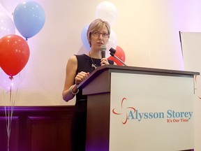 Chatham-Kent mayoral candidate Alysson Storey speaks during her campaign launch at the Retro Suites on Wednesday. (Trevor Terfloth/The Daily News)